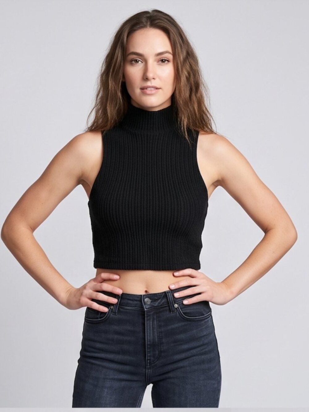 Black Textured High Neck Crop Tank Top